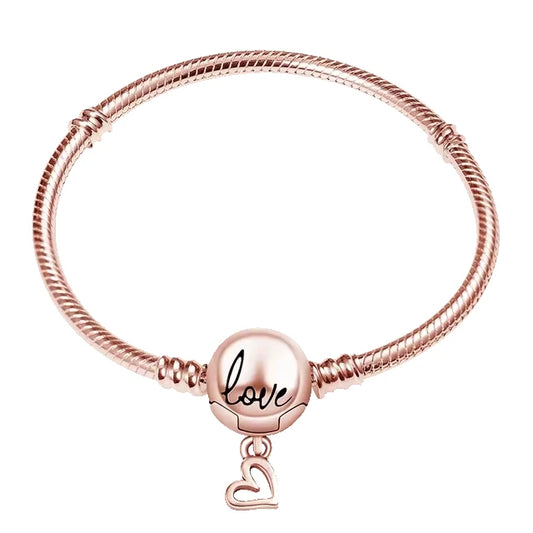 Brazalete de Oro Rosa con Broche Love y Corazón Colgante