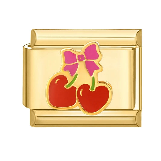 Charm Italiano con Cerezas y Lazo Rosa en Oro