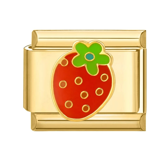 Charm Italiano de Fresa con Detalle Floral en Oro