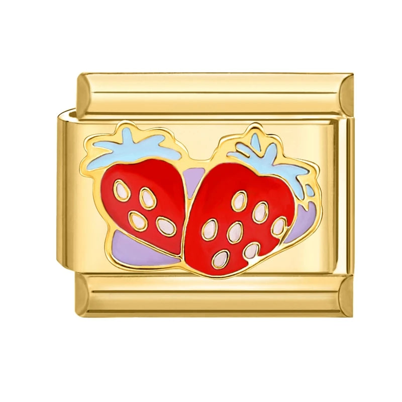 Charm Italiano de Fresas con Toque Colorido en Oro Amarillo