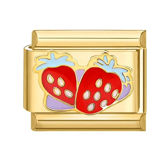Charm Italiano de Fresas con Toque Colorido en Oro Amarillo