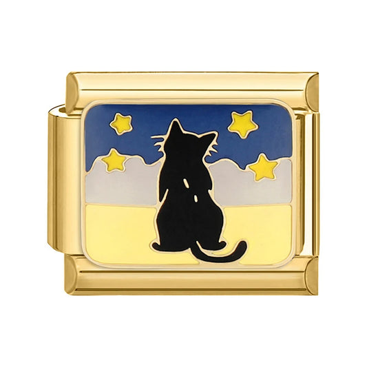 Charm Italiano con Gato Negro bajo Estrellas en Oro