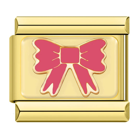 Charm Italiano de Pulsera con Lazo Rosa Chapado en Oro