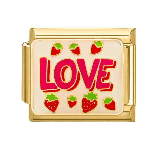 Charm Italiano con Frase Love y Fresas en Oro