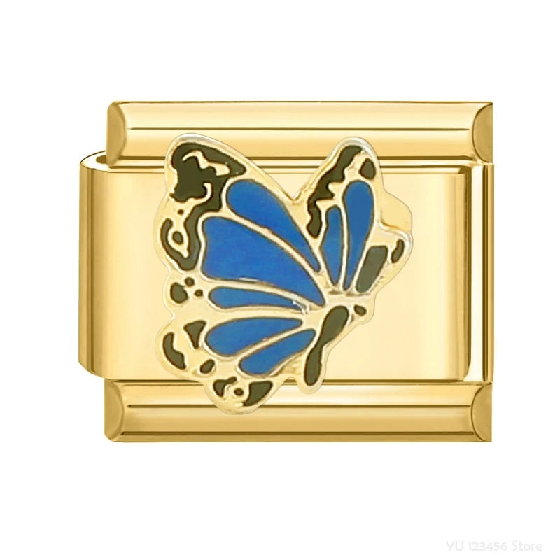 Charm Italiano de Pulsera con Mariposa Azul en Oro