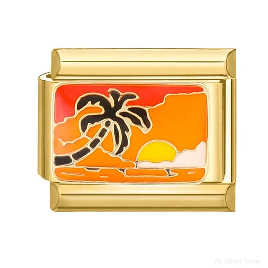 Charm Italiano de Pulsera con Palmera al Atardecer en Oro