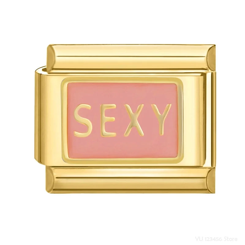 Charm Italiano de Pulsera Sexy con Fondo Rosa en Oro