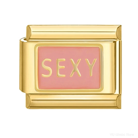 Charm Italiano de Pulsera Sexy con Fondo Rosa en Oro