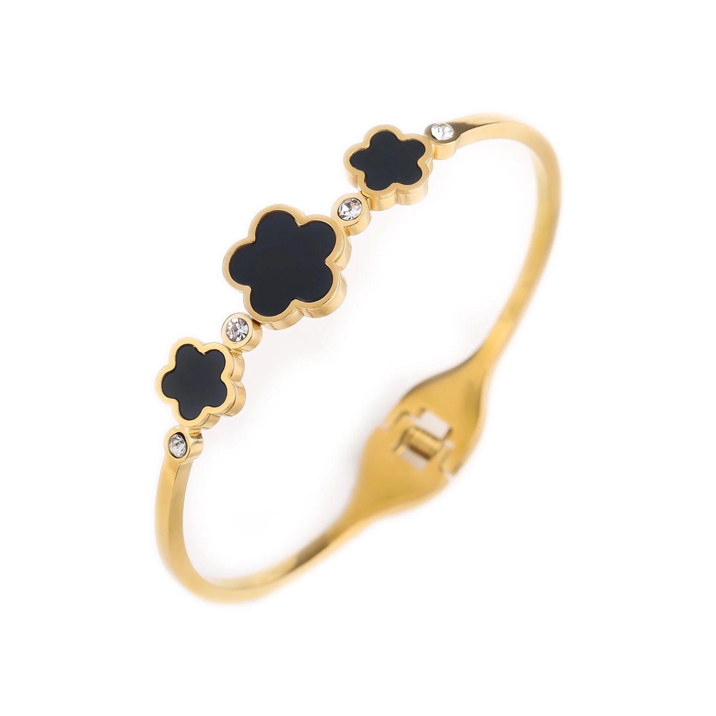Pulsera Ajustable con Flores de Esmalte Negro y Zirconia en Oro