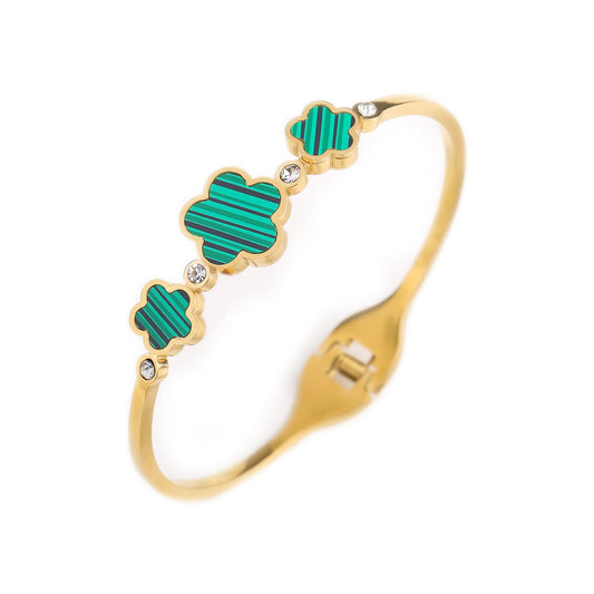 Pulsera Ajustable con Flores de Esmalte Verde y Zirconia en Oro