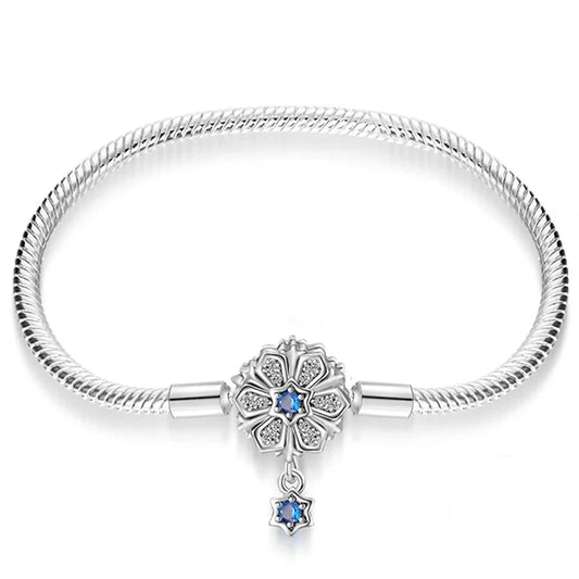 Brazalete con Flor y Colgante Azul en Plata