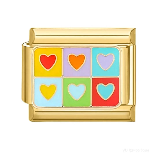 Charm Italiano de Pulsera con Corazones Multicolor en Oro
