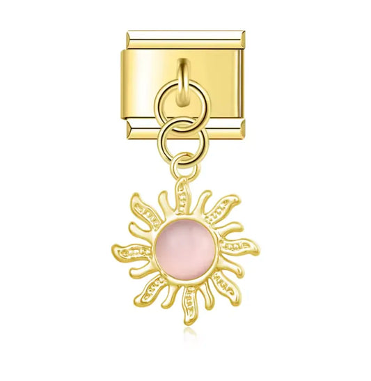 Charm Italiano Dorado con Colgante de Sol con Piedra Rosada al Centro