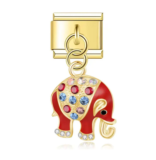 Charm Italiano Dorado con Elefante Rojo con Piedras