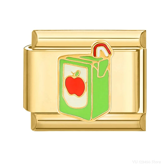 Charm Italiano de Pulsera con Caja de Jugo de Manzana en Oro