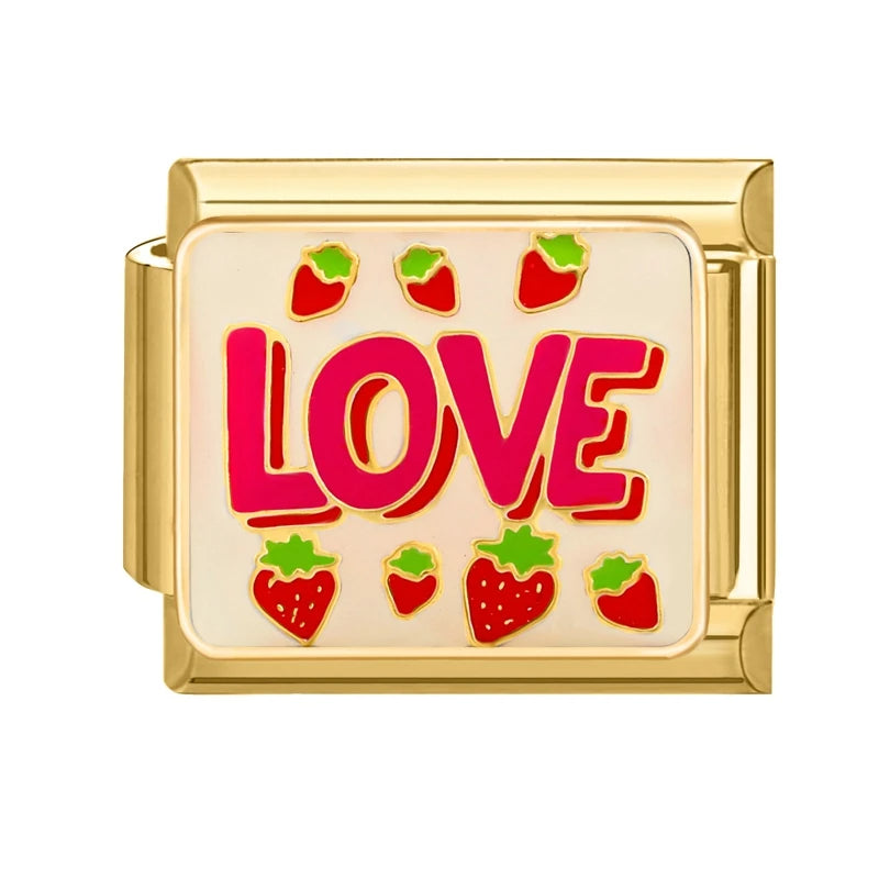 Charm Italiano con Frase Love y Fresas en Oro