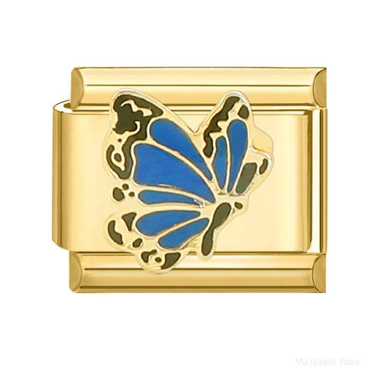 Charm Italiano de Pulsera con Mariposa Azul en Oro