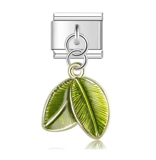 Charm Italiano Plateado con Colgante de Hojas Verdes