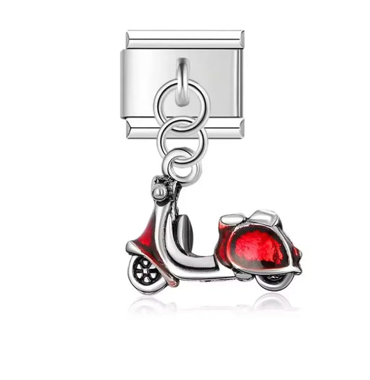 Charm Italiano Plateado con Colgante de Motocicleta Roja
