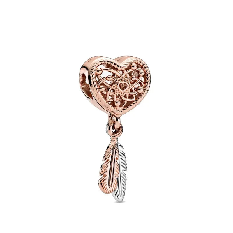 Charm de Corazón con Plumas en oro rosa